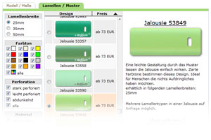 Jalousie Konfigurator - Raumtextilienshop - Lamellen, Material und Farbe aussuchen