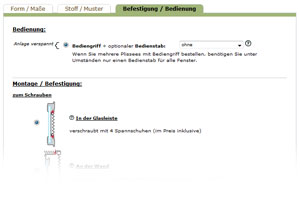 Plissee Konfigurator - Raumtextilienshop - Plissee Befestigung und Bedienung wählen